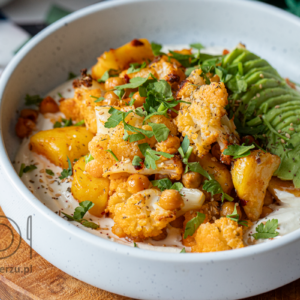 Bowl z pieczonym kalafiorem i chrupiącą ciecierzycą ziemniakami