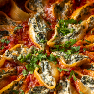 zapiekane muszle makaronowe faszerowane szpinakiem i serem w sosie pomidorowym
